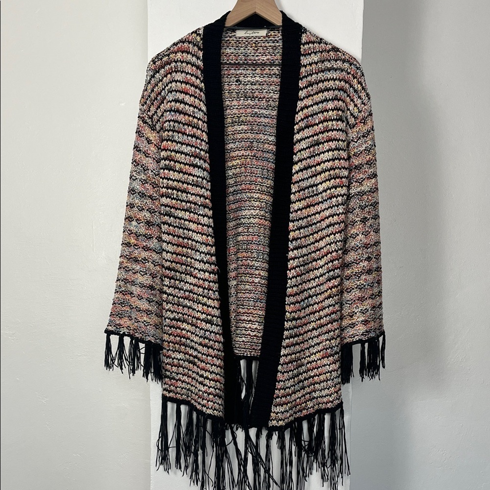 Black Multicolor Knit Fringe Cardigan